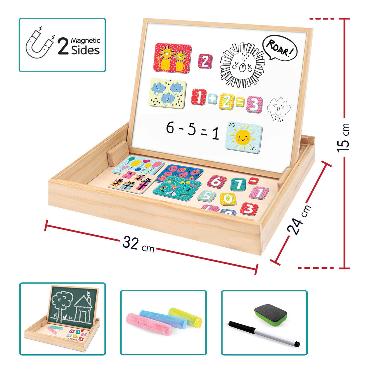 HappiHobbi Magnet Ξύλινος Μαγνητικός Επιτραπέζιος Πίνακας 2 Όψεων Με 35 Εκπαιδευτικούς Μαγνήτες 1029-64086