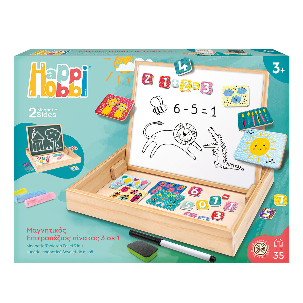 HappiHobbi Magnet Ξύλινος Μαγνητικός Επιτραπέζιος Πίνακας 2 Όψεων Με 35 Εκπαιδευτικούς Μαγνήτες 1029-64086